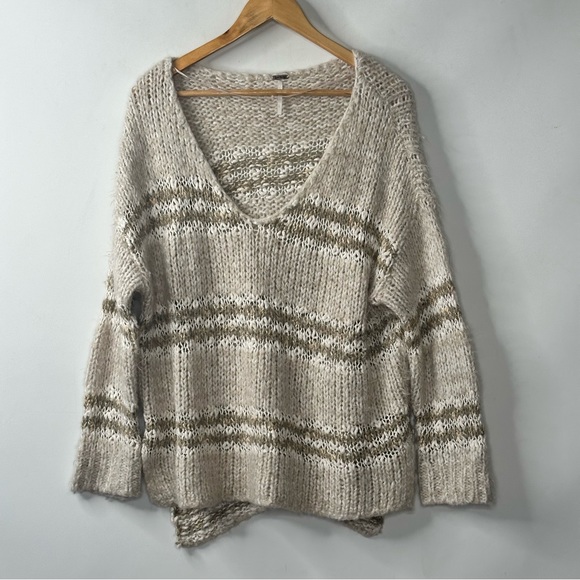 Free People Sweaters - Free People Womans V Neck Sweater Cable Knit Stripe Fuzzy Loose